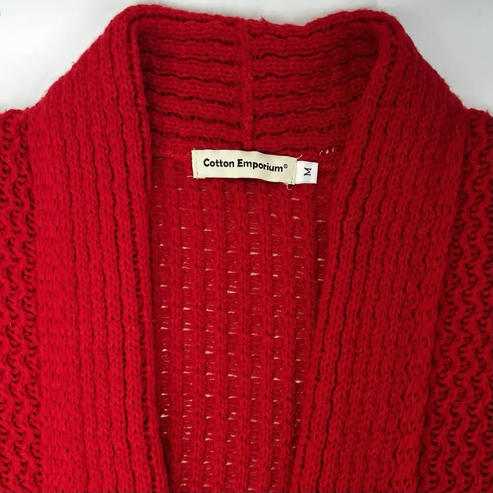 Red Knit Cardigan Sweater Open Front Women’s Size Medium Cotton Emporium - Picture 5 of 9